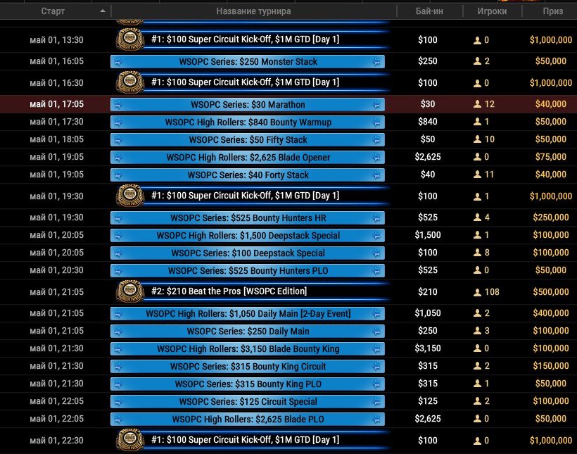 WSOP Circuit Online расписание